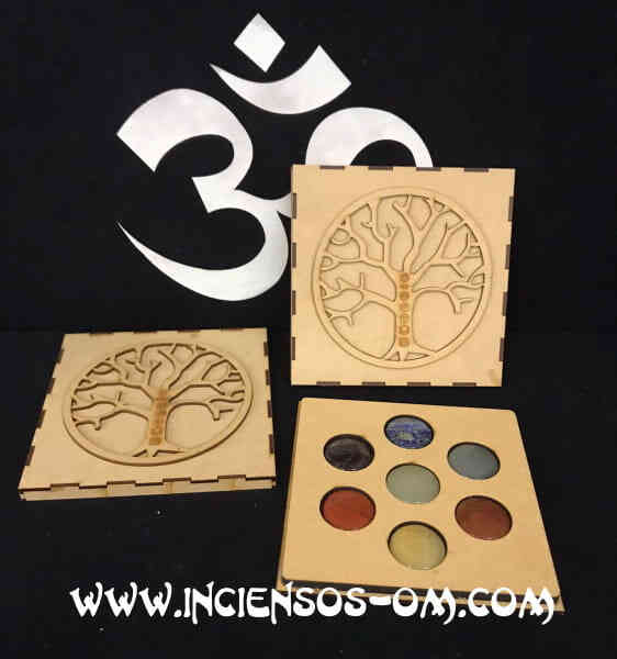 Pack rodados planos chakras con caja madera